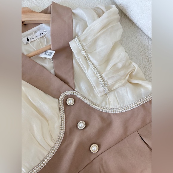 Women Doll Collar Breaded A-Line Elegant Two-Tone Pearl Trim Maxi Dress – Size M - Picture 6 of 13